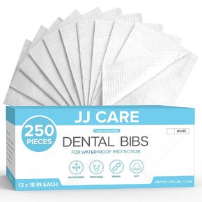 JJ CARE Dental Bibs [Pack of 250] - 13" x 18" White Dental Bibs, 3 Ply Waterproof Dentist Bibs, Dental Bibs Disposable for Eyelash Extension, Patient Bibs for Nail Art, Dental Napkins for Piercing in Kuwait