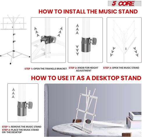5 CORE Music Stand Height Adjustable Desktop Book Stands Portable Sheet Holder All Metal Bookstand Foldable Atril Para Partituras w Carrying Bag & Clip Black - MUS FLD BLK in Saudi Arabia