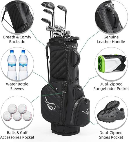Golf Stand Bag with 14 Way Full Length Dividers, PU Leather Golf Bag for Men, Waterproof Golf Bags with Stand, 6 Pockets & Cooler Pouch, Adjustable Dual Straps, 2 Rain Cover Hood in Saudi Arabia
