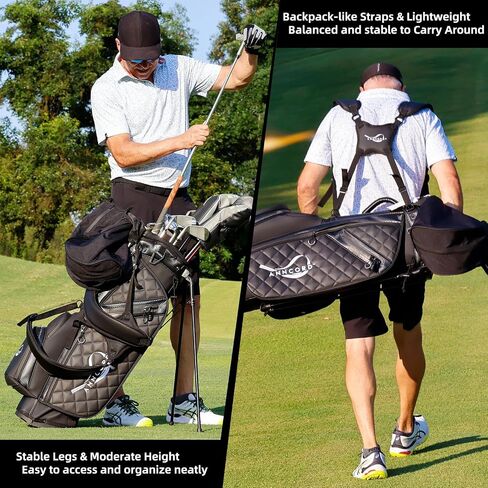 Golf Stand Bag with 14 Way Full Length Dividers, PU Leather Golf Bag for Men, Waterproof Golf Bags with Stand, 6 Pockets & Cooler Pouch, Adjustable Dual Straps, 2 Rain Cover Hood in Saudi Arabia