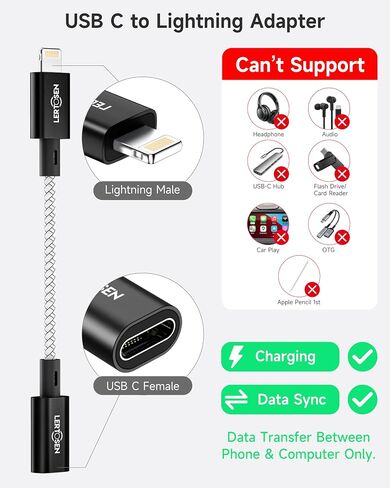 2 Pack 27W USB C Female to Lightning Male Cable Adapter, Type C Converter Cord Connector with Fast Charging & Data Transfer for iPhone 14/13/12/11,iPad, Airpods,Not for Audio/Headphone/OTG in Saudi Arabia