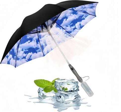 Umbrella with Fan & Mist Spray - Rechargeable UV Protective Cooling Umbrella for Patio, Beach, Travel | Portable Misting System & Detachable Water Bottle Included in Saudi Arabia