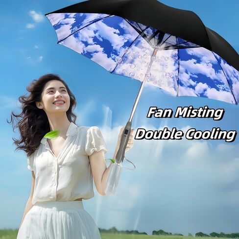 Umbrella with Fan & Mist Spray - Rechargeable UV Protective Cooling Umbrella for Patio, Beach, Travel | Portable Misting System & Detachable Water Bottle Included in Saudi Arabia