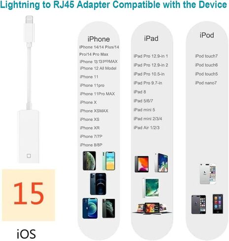 [MFI Certified] USB C إلى Ethernet Adapter لـ iPhone 16 15 ، RJ45 Ethernet LAN Network Adapter مع منفذ شحن USB Type C متوافق مع iPhone 16/15 Pro/Max/Plus ، MacBook ، iPad ، يدعم 100 ميغابت في الثانية في الثانية in Kuwait
