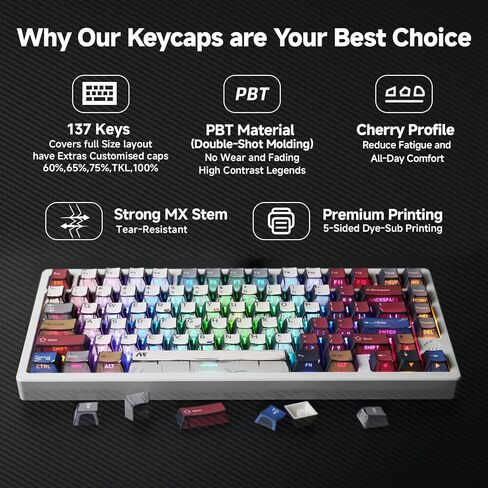 Retro PBT Keycaps -Anime Themed PBT Keycaps - Cherry Profile Shine Through Side Print Keycap Set for Mechanical Keyboard (137 Keys) - Colorful Gradient Design, Durable Material in Saudi Arabia