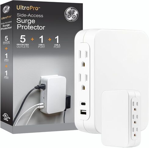 GE 6-Outlet Extender, Surge Protector, Swivel Side Access, Wall Tap Adapter, 3-Prong, 980 Joules, ETL Listed, White, 81781 in Saudi Arabia