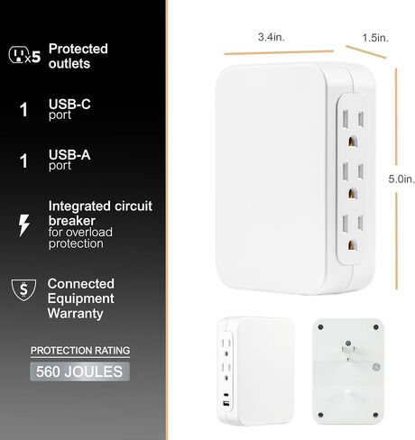 GE 6-Outlet Extender, Surge Protector, Swivel Side Access, Wall Tap Adapter, 3-Prong, 980 Joules, ETL Listed, White, 81781 in Saudi Arabia