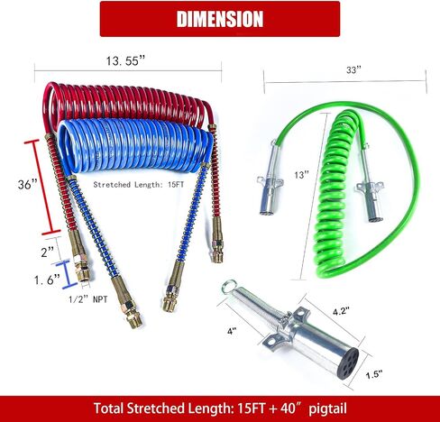Air Brake Lines for Semi Truck Tractor Trailer 2 Pcs 15 FT Coiled Set Bule & Red Air Brake Hoses With 12" Leads,1/2" NPT Fittings in Saudi Arabia