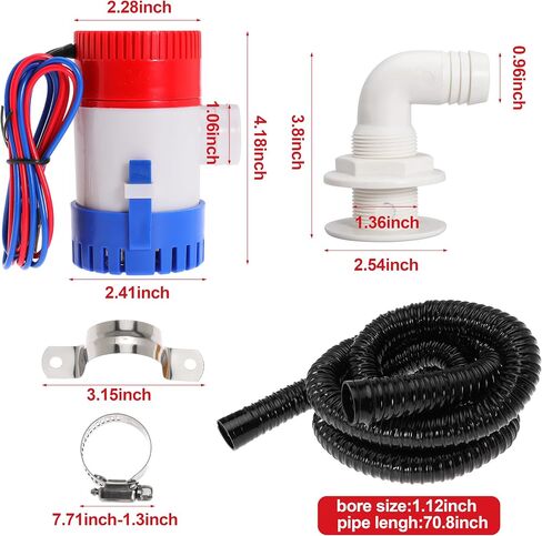 طقم بلج بلج بلغ باكب 1-1/8 بوصة ديا 12V لمضخة بيلج غير التلقائية 1100 GPH مع خرطوم مضخة بلغ PVC 6ft (90 درجة) in Kuwait