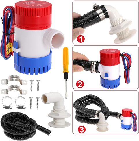 طقم بلج بلج بلغ باكب 1-1/8 بوصة ديا 12V لمضخة بيلج غير التلقائية 1100 GPH مع خرطوم مضخة بلغ PVC 6ft (90 درجة) in Kuwait