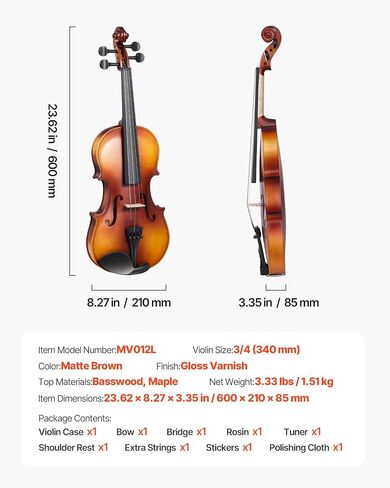 Vevor Violin 3/4 الحجم للبالغين ، كمان كمان تم تعيينه للمبتدئين مع الحالات الصعبة ، والروزين ، والقوس ، والكتف ، والجسر ، والموارد والسلاسل الإضافية ، والآلات الموسيقية المهنية للطالب (براون) in Saudi Arabia