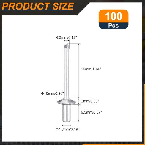 UXCELL 100PCS 3/16 "x3/8" من الألومنيوم المغلقة من المسامير العمياء القبة العمياء ، قبضة المغلقة من المسامير الأعمى ل DIY ، والمعادن ورقة ، وإصلاح السيارات ، والأثاث ، والقارب (الفضة) in Saudi Arabia