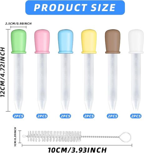 12 PCS Color Liquid Droppers | ماصات السيليكون والبلاستيك الصافية مع قطار السائل تطرح لمبة | لقوالب الحلوى ، مشاريع DIY | يشمل فرشاة التنظيف (5 مل) in Saudi Arabia