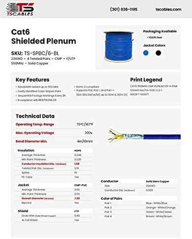 Cat6 Plenum Shielded (CMP) Overall Foil Shield (F/UTP), 1000ft, 23AWG | 100% Solid Bare Copper | 550MHz | Bulk Ethernet Cable, Available in Blue, White & Black Color (Black) in Saudi Arabia