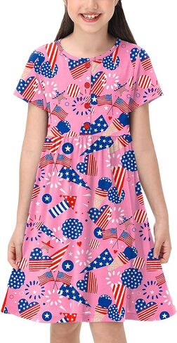 Remimi Girl 4th of July Dress American Flag Short Sleeve Summer Beach Dresses 5-14 Years in Saudi Arabia
