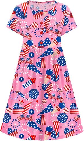 Remimi Girl 4th of July Dress American Flag Short Sleeve Summer Beach Dresses 5-14 Years in Saudi Arabia