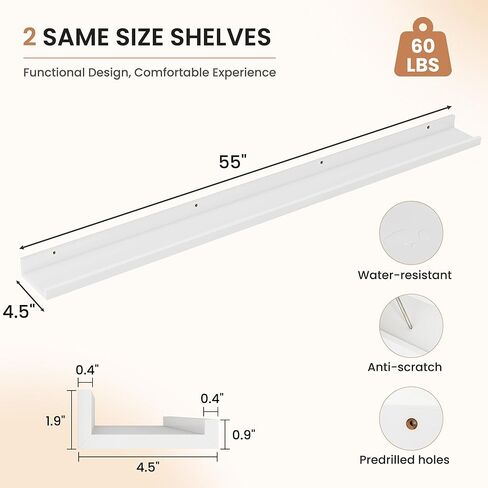 Dreamland Picture Shelf for Wall ، أرفف عائمة مجموعة من 2 ، 48 بوصة رفوف عائمة مع الشفاه لغرفة المعيشة ، غرفة نوم ، حمام ، مطبخ ، أبيض in Kuwait