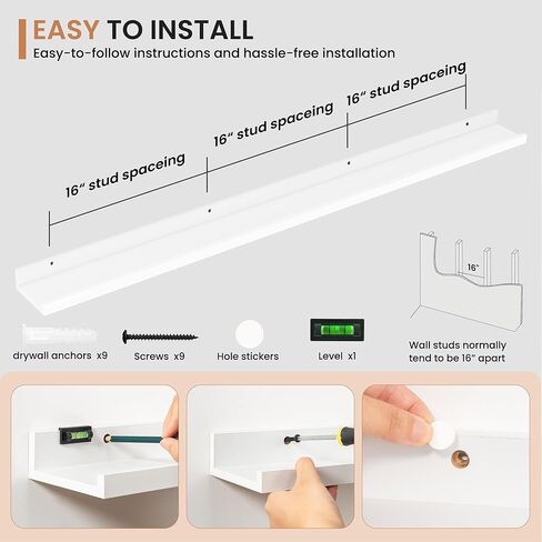 Dreamland Picture Shelf for Wall ، أرفف عائمة مجموعة من 2 ، 48 بوصة رفوف عائمة مع الشفاه لغرفة المعيشة ، غرفة نوم ، حمام ، مطبخ ، أبيض in Kuwait
