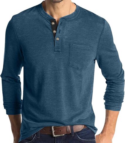Mens Shirts Long Sleeve Fashion Button Cotton T-Shirts Crewneck Vintage Tshirts for Men Pullover with Pocket in Saudi Arabia
