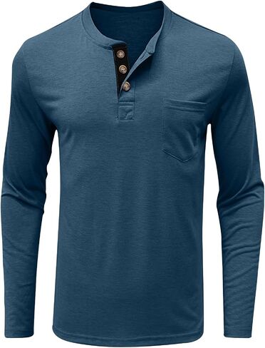 Mens Shirts Long Sleeve Fashion Button Cotton T-Shirts Crewneck Vintage Tshirts for Men Pullover with Pocket in Saudi Arabia
