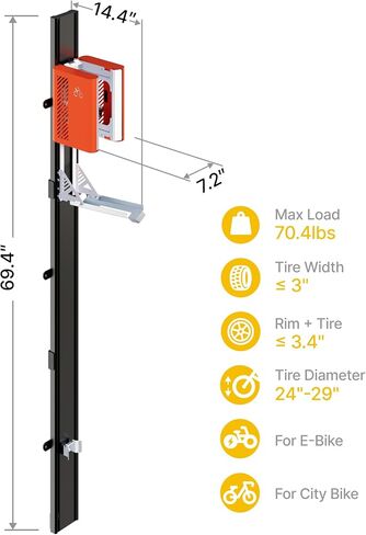 Montek Officatic Lift ebike Rack-يناسب إطارات 24-29 "، رف الجدار الرأسي الشاق للدراجات (تصل إلى 71 رطلاً)-رفع الجهد ، وتثبيت سهلة-تخزين لتوفير الفضاء للمرآب ، سقيفة ، بو ، بو in Saudi Arabia