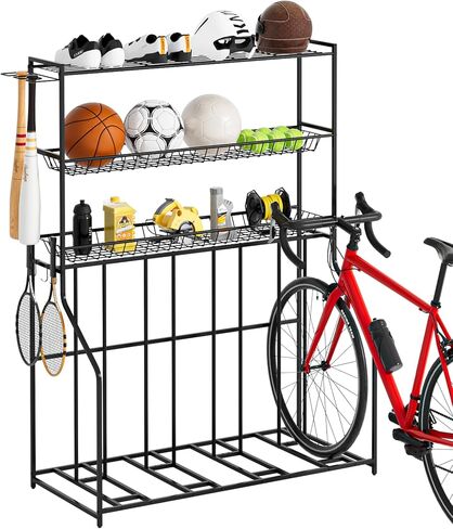 4 Bike Stand, Bike Rack Garage with 3-Tier Storage Rack, Bicycle Stand for Garage Organizer, Indoor Sporting Gear Storage Station for Mountain/Road/Hybrid & Fat Tire Bike, Patent Pending in Saudi Arabia