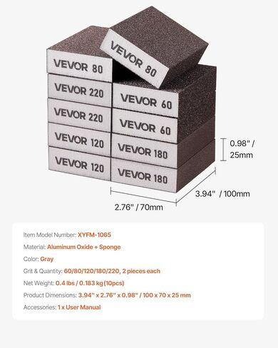 VEVOR Sanding Sponge, 4 Pcs, 60/80/120/220 Grit Assortment, Washable and Reusable Sanding Blocks for Dry & Wet Use, Coarse to Fine Sandpaper Blocks, for Polishing Drywall Wood Plastic Metal Furniture in Saudi Arabia