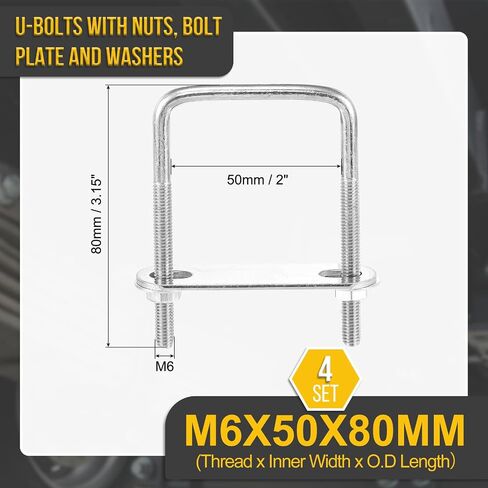 M6x50x80mm U Bolts Square Kit - 4Set - 304 Stainless Steel U-Bolt Kit with Nuts, Washers, Frame Plate - Good for Pipe, Trailer, Automotive, Leaf Spring Fastener in Saudi Arabia