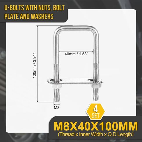 M6x50x80mm U Bolts Square Kit - 4Set - 304 Stainless Steel U-Bolt Kit with Nuts, Washers, Frame Plate - Good for Pipe, Trailer, Automotive, Leaf Spring Fastener in Saudi Arabia