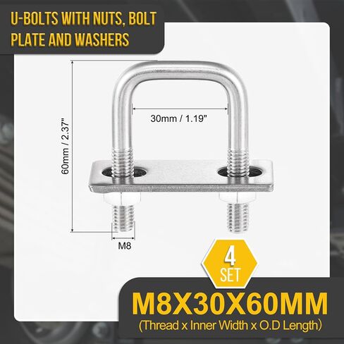 M6x50x80mm U Bolts Square Kit - 4Set - 304 Stainless Steel U-Bolt Kit with Nuts, Washers, Frame Plate - Good for Pipe, Trailer, Automotive, Leaf Spring Fastener in Saudi Arabia