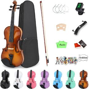 4/4 Rainbow Violin Set Full Size Fiddle for Adults Beginners with Hard Case, Shoulder Rest, Rosin, Bow, Tuner, Extra Bridge Strings, 10 Music Stickers (Brown)