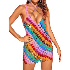 فستان قوس قزح مزين بالترتر، فساتين ديسكو مثيرة، بيكيني سباركلي، فستان على شكل سلسلة للنساء in Kuwait