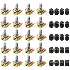 20 PCS B100K 3Pin Ohm Knurled Shaft Linear Rotary Taper Potentiometer+20 PCS Black Plastic Knob (WH148) Kit