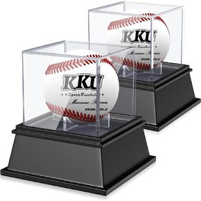 2 Pack Acrylic Baseball Display Case with Sleek Black Base, Dustproof UV Protected Baseball Case, Transparent Baseball Holder Display Case for Signed Balls