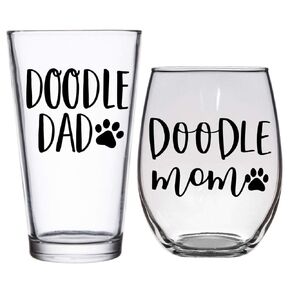 Doodle Mom & Dad Glass Set - Premium 21oz Stemless Wine Glass - 16oz Pint Glass - Gift for Doodle Lovers