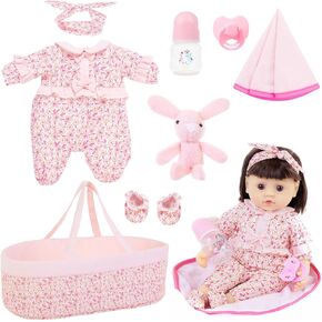 8 Pcs Baby Doll Clothes Baby Doll Accessories Set with Bassinet for 17-22 Inch Baby Doll, Newborn Baby Doll Clothes Outfit Accessories fit 17"-22" Reborn Baby Doll Girl