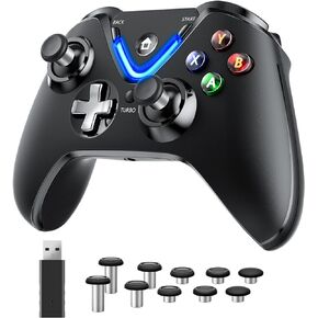RALAN Black Wireless Controller with Paddles for PC, 2.4G Wireless Adapter with 3.5mm Headphone Jack, ALPS Joystick, Hall Effect Sensing trigger, Rechargeable Battery