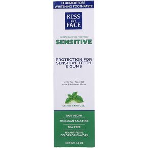 Kiss My Face Sensitive Citrus Mint Gel Toothpaste, Reduces Sensitivity, Removes Plaque And Prevents Tartar, With Added Tea Tree Oil, Aloe, And Echinacea, No Artificial Colors Or Flavors, 4.5 Oz