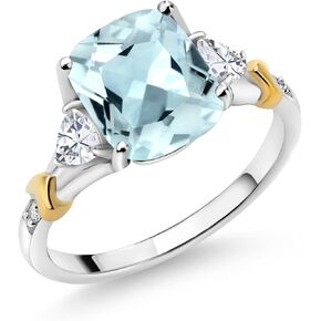 Gem Stone King 925 Silver and 10K Yellow Gold Sky Blue Simulated Aquamarine White Moissanite and Diamond Women Ring (3.04 Cttw, Available In Size 5, 6, 7, 8, 9)