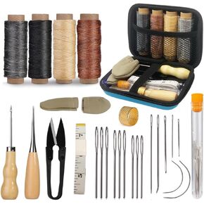 مجموعة الخياطة الجلدية، لوازم وخياطة إصلاح الجلود، مجموعة أدوات جلدية مع إبر خياطة كبيرة للعين، خيط مشمع، طقم إصلاح المفروشات الجلدية DIY، هدايا جلدية للمبتدئين أو البالغين in Kuwait