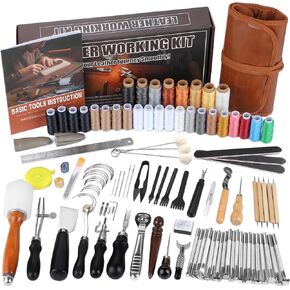 BUTUZE Leather Kit, Leather Tooling Kit, Practical Leather Working Tools with Leather Stamping Tools, Beveler, Groover, Stitching Punch Sewing Thread and Needles - Leather Roll Bag and Manual