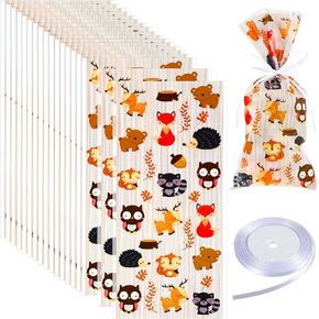 Zonon 100 Woodland Animal Treat Bags Cellophane Treat Bags Woodland Candy Bags Forest Animal Cookie Candy Bags White Ribbon for Kids Birthday Baby Shower Party