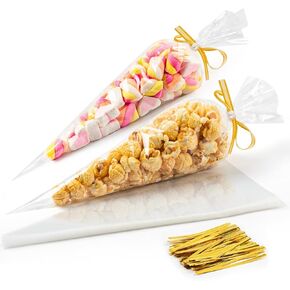 Cone Shaped Treat Bags 150pcs Clear Popcorn Bags 7x14 Cellophane Bags for Treat Party Favor Candy Snack Goodie Triangle Plastic Gift Bags with Ties