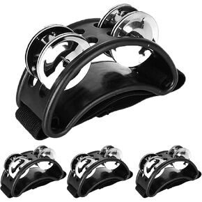 4 PCS Foot Tambourine for Adults, Black Foot Percussion Instruments with Metal Steel Jingle Bell for Guitar Drum Accessory Instrument