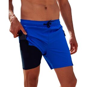 Arcweg Mens Swim Trunks with Compression Liner 7 Inch Quick Dry Beach Swimming Trunks 2 in 1 Swim Shorts with Zipper Pockets