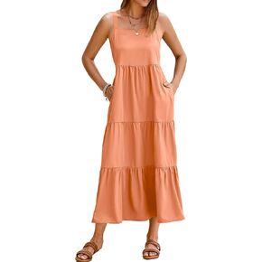 SimpleFun Womens Summer Dresses Sleeveless Adjustable Straps Tiered Maxi Dress with Pockets Casual Beach Long Sundresses