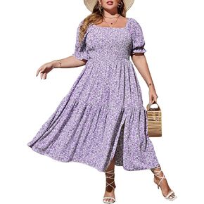Floerns Women's Plus Size Boho Floral Print Shirred Ruffle Hem A Line Long Dress