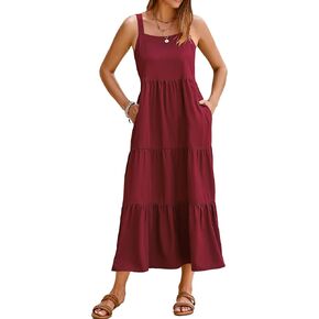 SimpleFun Womens Summer Dresses Sleeveless Adjustable Straps Tiered Maxi Dress with Pockets Casual Beach Long Sundresses