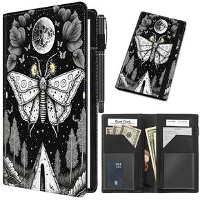 Server Books for Waitress, PU Leather Waiter Book Server Wallet with Zipper Pocket, Cute Waitress Book&Waitstaff Organizer with Money Pocket Fit Server Apron, Flower Butterfly Moon