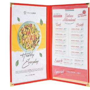 Menu Covers/Booklet, Double Pages, 2 Pockets, 4 View, for 8.5" x 14" Legal Size Paper, Pack of 6, Red Edging + Gold Metal Corner, Made with Leatherette & Vinyl in Kuwait